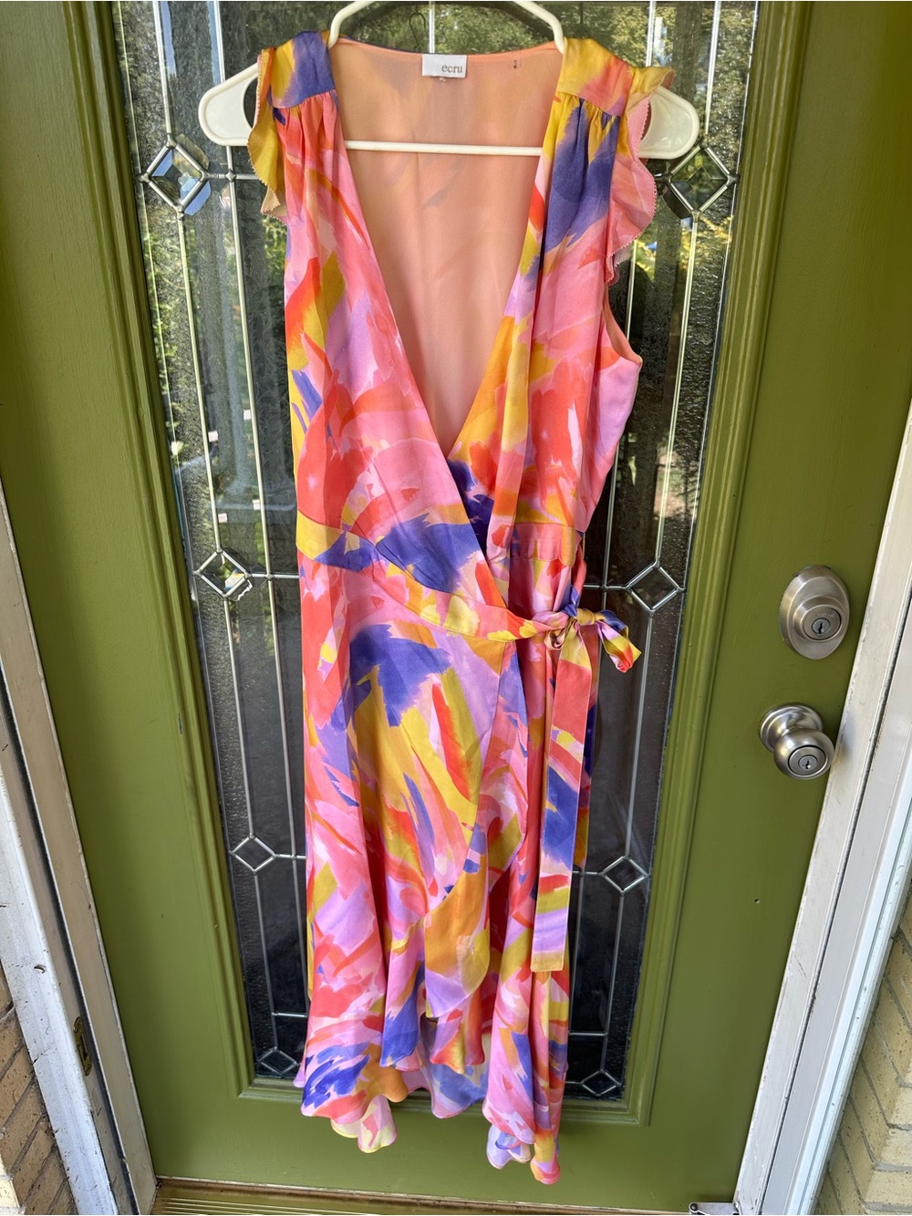 Ecru medium abstract flutter sleeve wrap dress